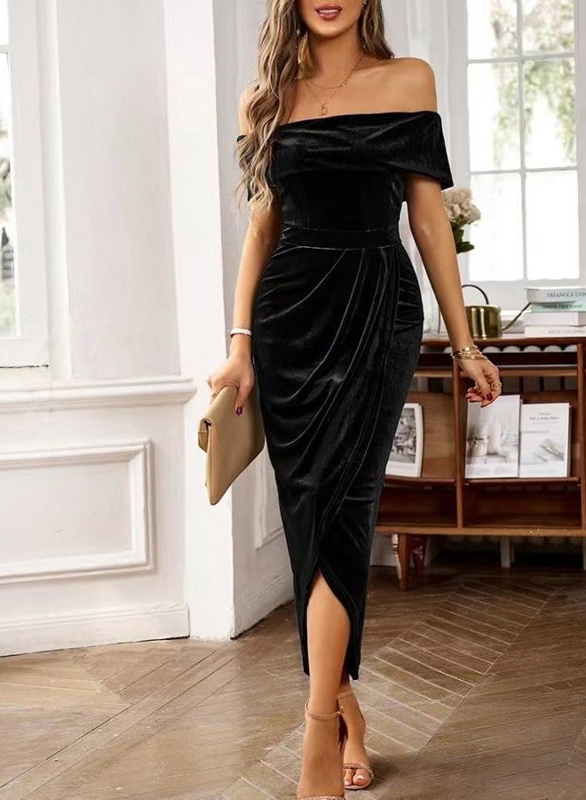 Sumleno Off The Shoulder Vintage Velvet Bodycon Midi Dress for Women Wrap Slit Elegant Cocktail Party Evening Pencil Dress (S,Black) - Image 5
