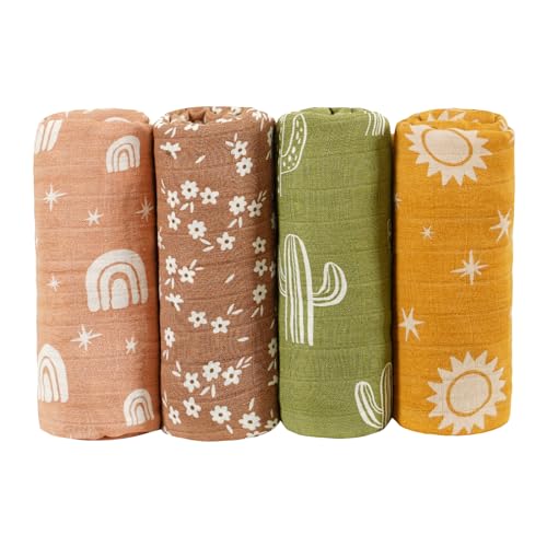 CoolaPeach 4 Set Muslin Swaddle Blankets for Newborn Baby Boys, Girls,Receiving Blankets-Cute Soft Print Baby Towel Wrap 120x110cm Baby(Cactus) - Image 2