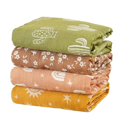 CoolaPeach 4 Set Muslin Swaddle Blankets for Newborn Baby Boys, Girls,Receiving Blankets-Cute Soft Print Baby Towel Wrap 120x110cm Baby(Cactus) - Image 1