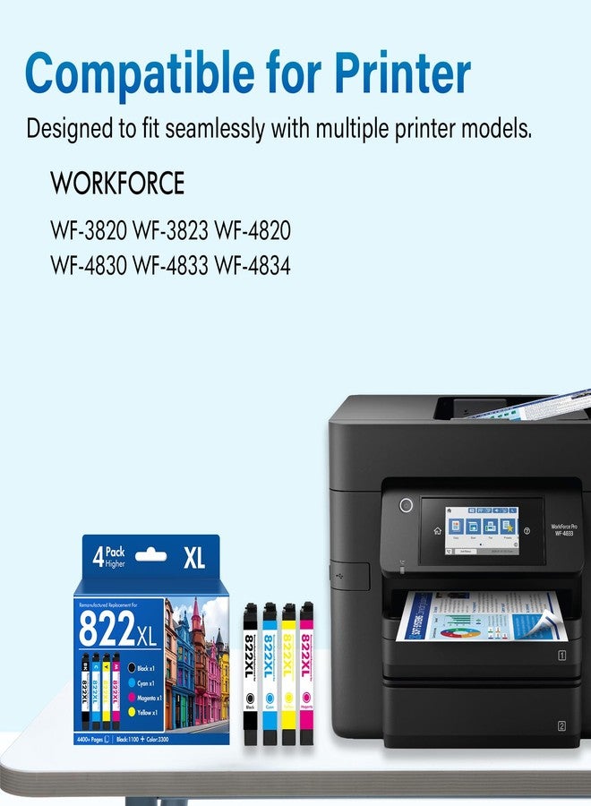 inkalfa 822XL 822 WF-3820 Printer Ink Cartridges Remanufactured Replacement for Epson 822XL Ink Cartridges Combo Pack for Epson 822 XL for Workforce Pro WF-4830 WF-4833 WF-4820 WF-4834 WF-3823 (4 Pack) - Image 2