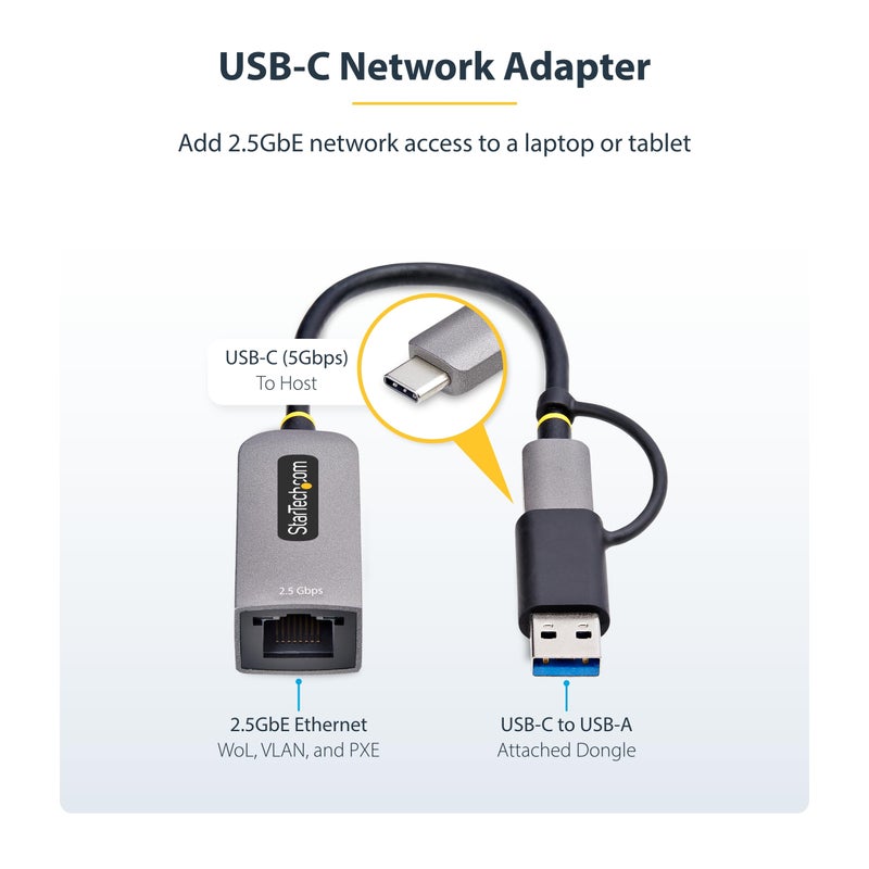 StarTech.com 2.5GbE USB-C to Ethernet Adapter with USB-A Converter, NBASE-T NIC, USB 3.0 Type-C 2.5/1G Multi Speed Network - Image 2