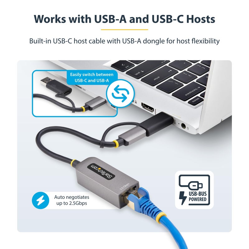 StarTech.com 2.5GbE USB-C to Ethernet Adapter with USB-A Converter, NBASE-T NIC, USB 3.0 Type-C 2.5/1G Multi Speed Network - Image 3