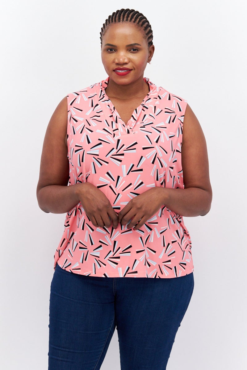 ANNE KLEIN Women Plus Size V Neck Sleeveless Shirt, Pink Combo - Image 1