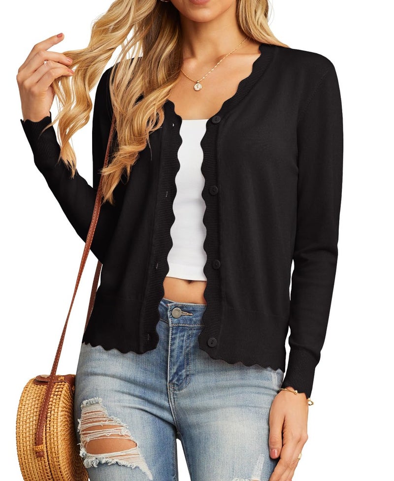 GRECERELLE Women's Long Sleeve V-Neck Button Down Cardigan Knit Shrugs Sweaters(Black, Small) - Image 2