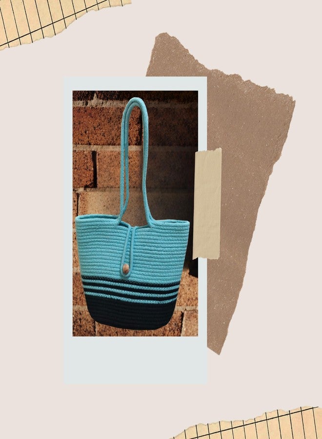FIBREGOLD handcrafted cotton rope tote bag | two-tone aqua and black shoulder bag for women | stylish multipurpose bag for shopping, office, and travel - Image 4