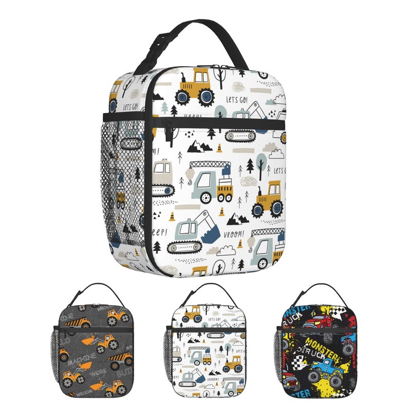 PAYOHTO Toddler Boys Lunch Bag Construction Truck Tractor White Insulated Lunch Box for School Kids Age 38 Leak Proof Reusable Meal Tote Bag for Kindergarten Preschool