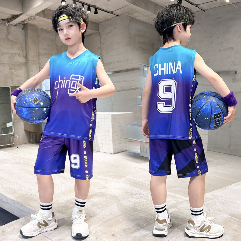 Boys Summer 2024 New Thin Vest Basketball Suit Set 22112 blue 