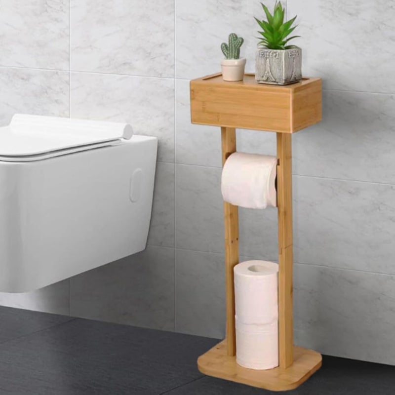 Gekufa Bamboo Standing Toilet Roll Holder, Toilet Paper Holder, No Drilling, Multifunctional Stand Toilet Set, Toilet Paper Holder/Mobile Phone Holder/Wet Wipe Holder with Storage Box, 65 cm