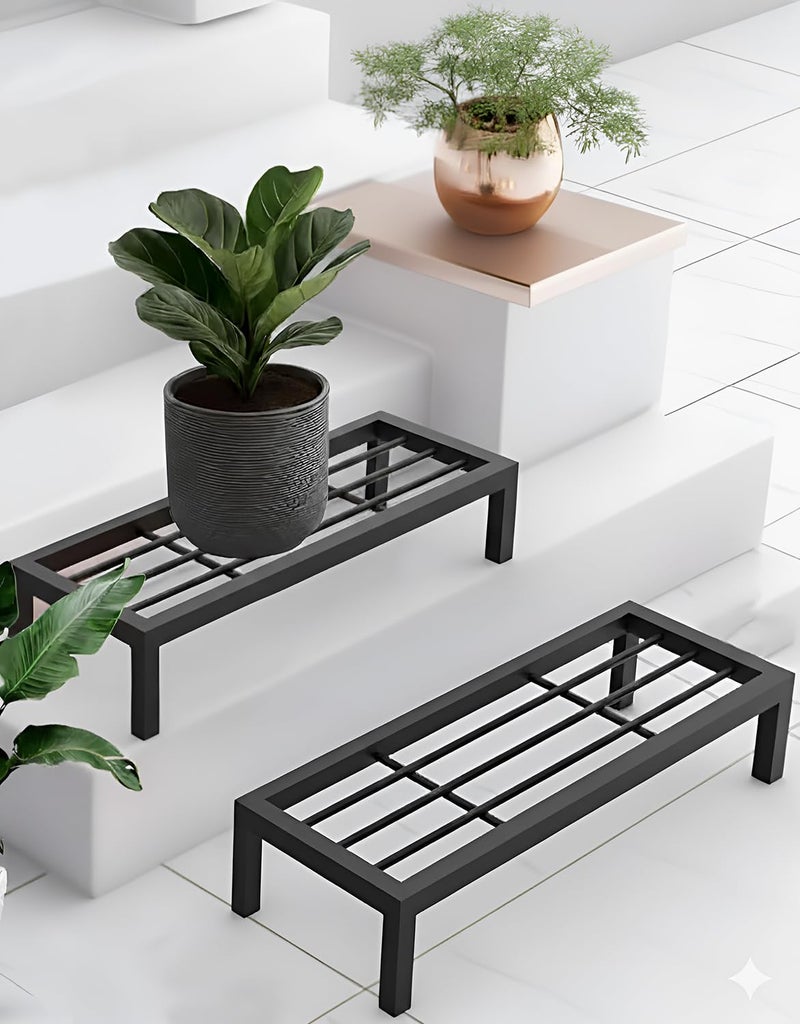 Pivalo Rectangular Plant Stand Anti-Rust Metal Shelf Flower Pot Holder Outdoor & Indoor Planters Gamla Stands for Balcony & Living Room Home Decor (Pack of 2, Black) - Image 1