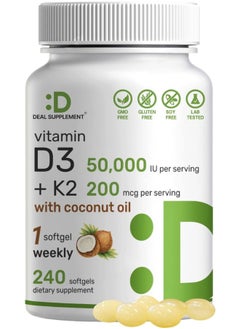 DEAL SUPPLEMENT Vitamin D3 50,000 Iu + K2 Mk7 200 Mcg, 240 Softgels  - Image 1