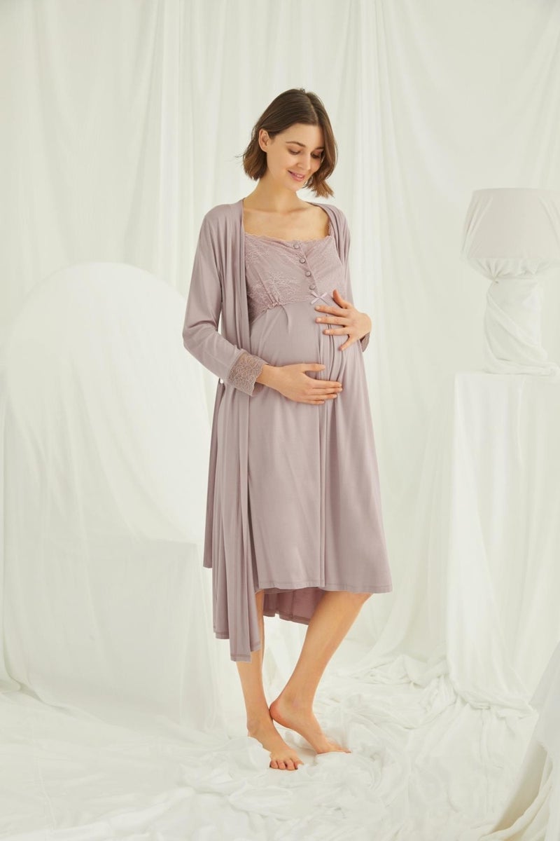 Monamise Women's Lace Front Buttoned Maternity and Postpartum Dressing Gown Set 