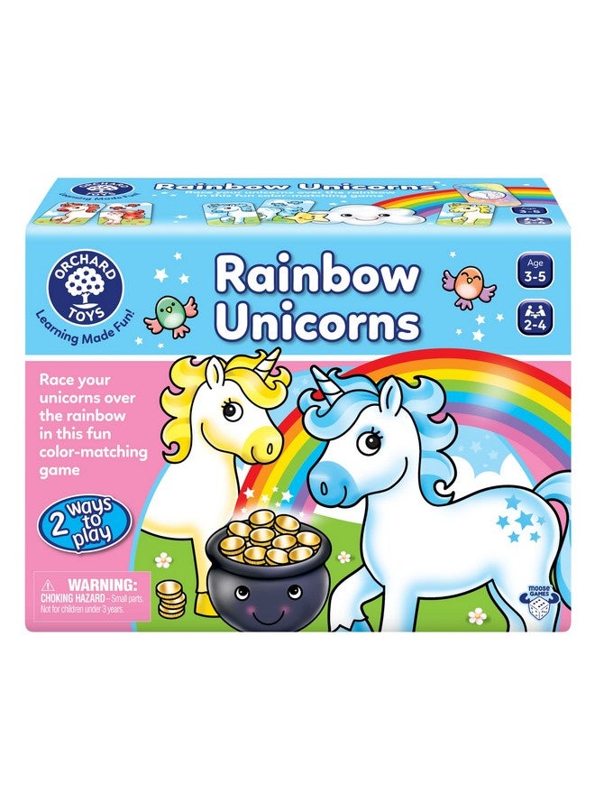 Orchard Toys Moose Games Rainbow Unicorns Game. Race Your Unicorns Over The Rainbow to a Pot of Gold in This Magical, Fun Color-Matching Game! Ages 3+ for 2-4 Players - Image 1