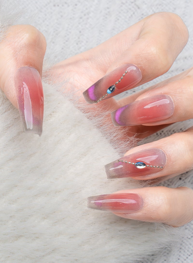 Nailosophy 10 Pcs Handmade Gel Press On Nails Long Coffin Pink Ombre Aurora Shimmer Rhinestone Chain Reusable False Nails Nail Kit for Women Party Wedding Eid Special Occasions - Image 1