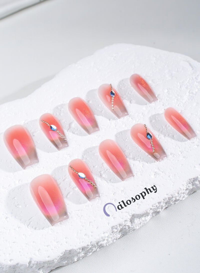 Nailosophy 10 Pcs Handmade Gel Press On Nails Long Coffin Pink Ombre Aurora Shimmer Rhinestone Chain Reusable False Nails Nail Kit for Women Party Wedding Eid Special Occasions - Image 2