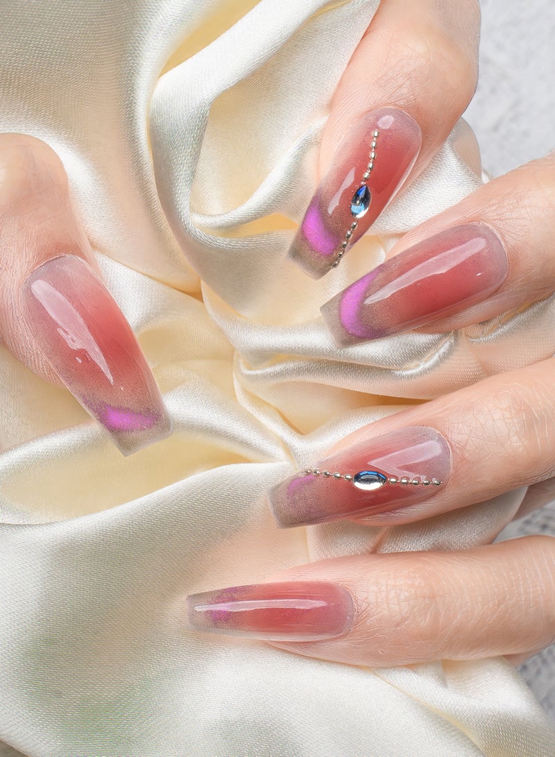 Nailosophy 10 Pcs Handmade Gel Press On Nails Long Coffin Pink Ombre Aurora Shimmer Rhinestone Chain Reusable False Nails Nail Kit for Women Party Wedding Eid Special Occasions - Image 3
