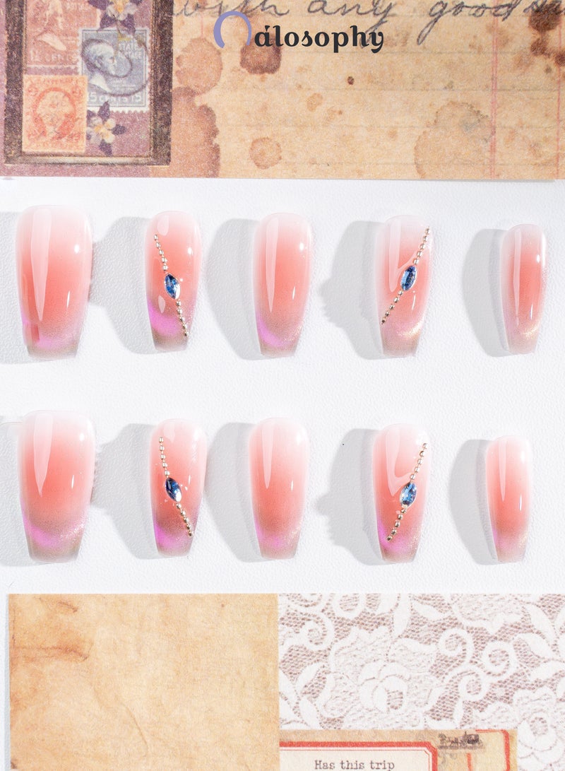 Nailosophy 10 Pcs Handmade Gel Press On Nails Long Coffin Pink Ombre Aurora Shimmer Rhinestone Chain Reusable False Nails Nail Kit for Women Party Wedding Eid Special Occasions - Image 4