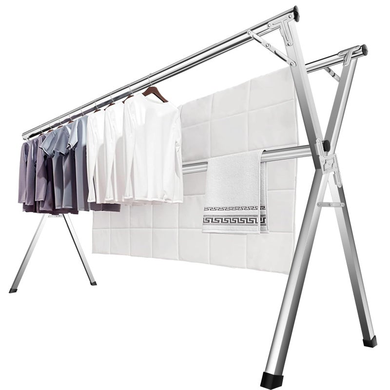 JAUREE 63 Inches Clothes Drying Rack Drying Rack Clothing Folding Indoor Outdoor Heavy Duty Stainless Steel Laundry Rack Foldable Portable Large Clothes Rack Garment Rack with 20 Windproof Hooks