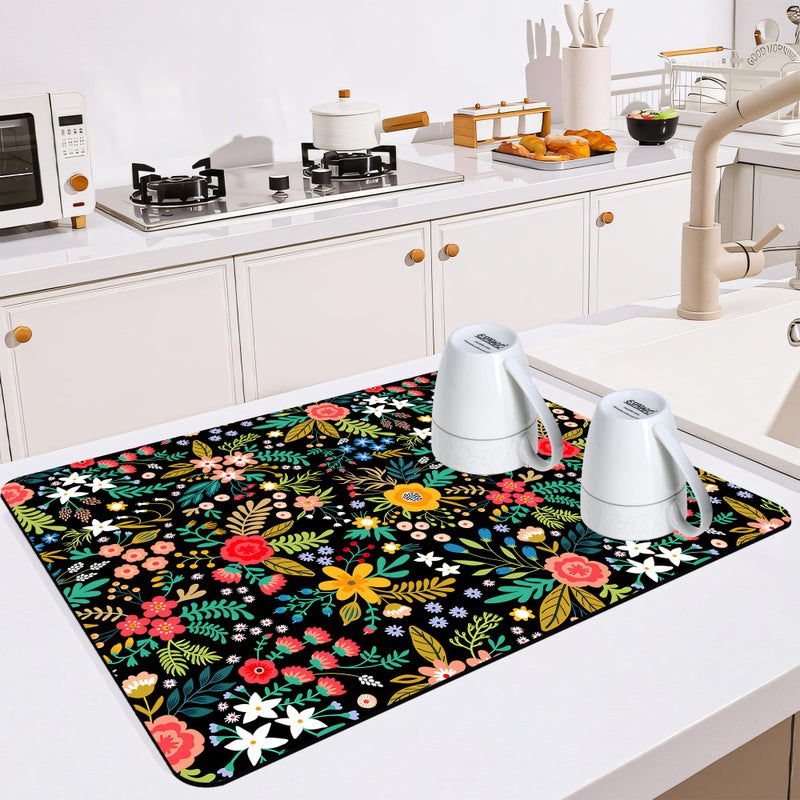 Mokiwala Dish Drying Mat for Multiple Usage. Super Absorbent, Easy clean, Quick dry, Cocina Accesorios for Kitchen Counter or Faucet Sink, Coffee bar, Refrigerator or Air fryer liners, 1 Pack wildflowers - Image 1