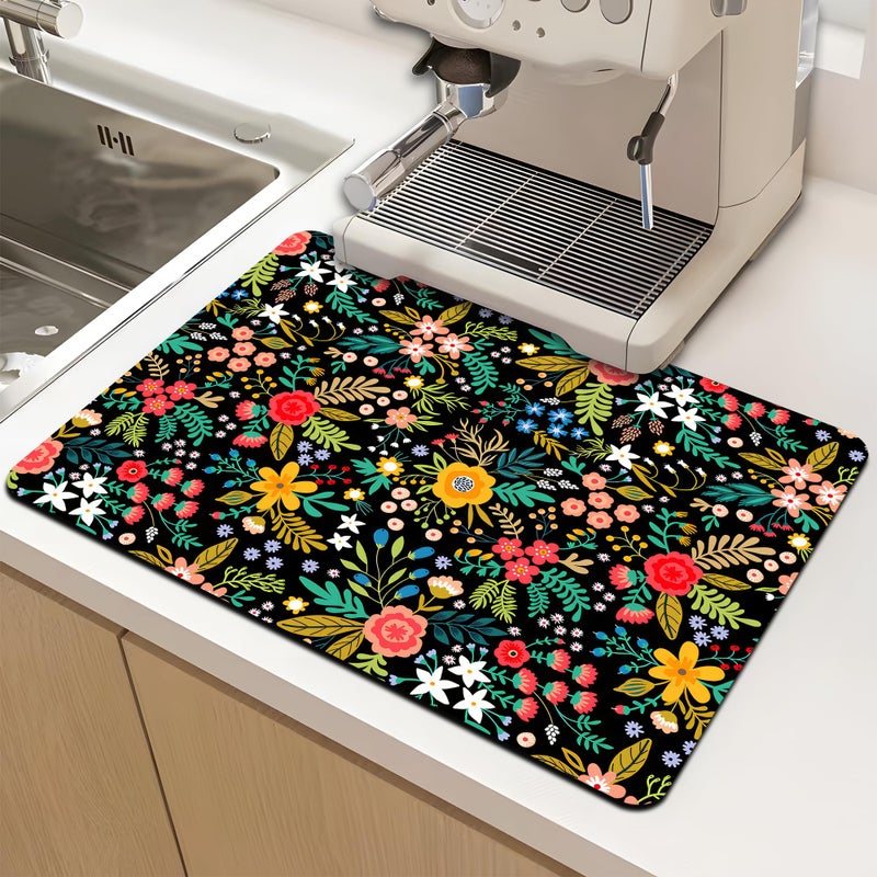 Mokiwala Dish Drying Mat for Multiple Usage. Super Absorbent, Easy clean, Quick dry, Cocina Accesorios for Kitchen Counter or Faucet Sink, Coffee bar, Refrigerator or Air fryer liners, 1 Pack wildflowers - Image 2