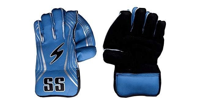 College Wicket Keeping Gloves Men Cotton Padded with PVC Finger Inserts & Wide Protective Cuff, Cricket, Black, Blue