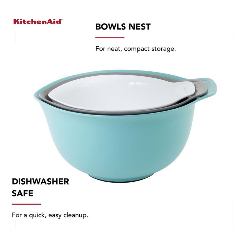 KitchenAid Universal Nesting Plastic Mixing Bowls, Set Of 3, 2.5 quart, 3.5 quart, 4.5 quart, Non Slip Base with Easy Pour Spout to Reduce Mess, Dishwasher Safe, Aqua Sky, White, Gray - Image 5