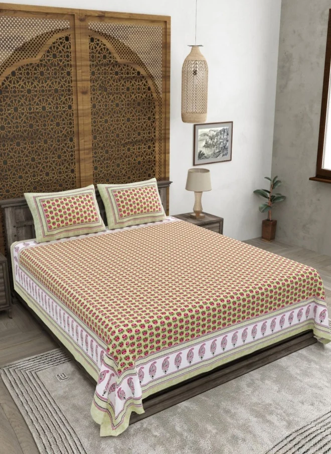 CLOTHOLOGY CLOTHOLOGY Green & Pink Printed Pure Cotton 180 TC King Bedsheet Set