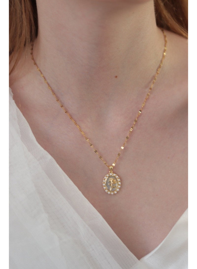 Shein Gold Rose Pendant Necklace with Pearl Halo for Women — 18K Gold Plated Stainless Steel Romantic Oval Charm - Image 1