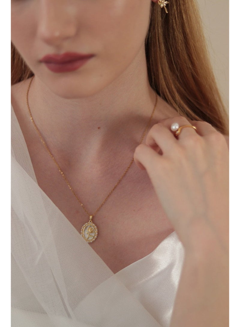 Shein Gold Rose Pendant Necklace with Pearl Halo for Women — 18K Gold Plated Stainless Steel Romantic Oval Charm - Image 5