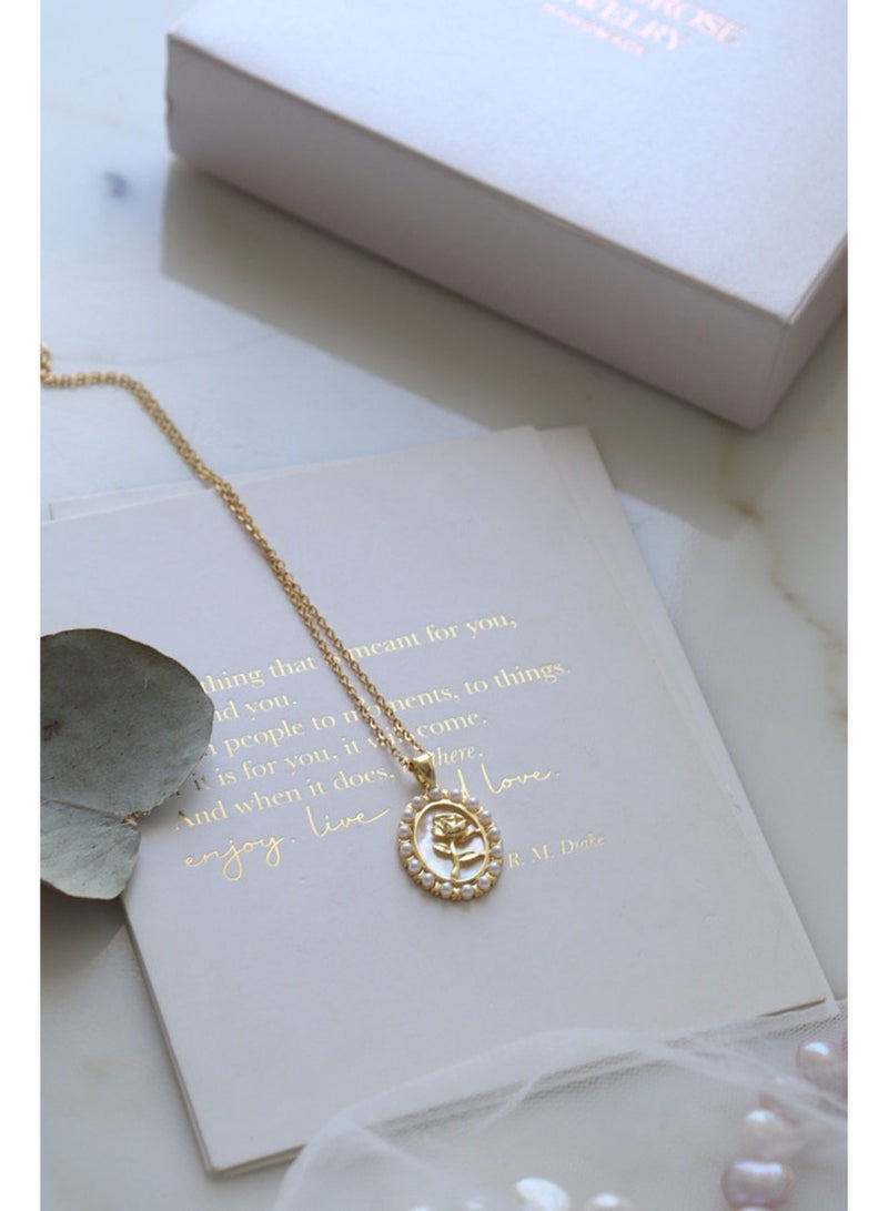 Shein Gold Rose Pendant Necklace with Pearl Halo for Women — 18K Gold Plated Stainless Steel Romantic Oval Charm - Image 4