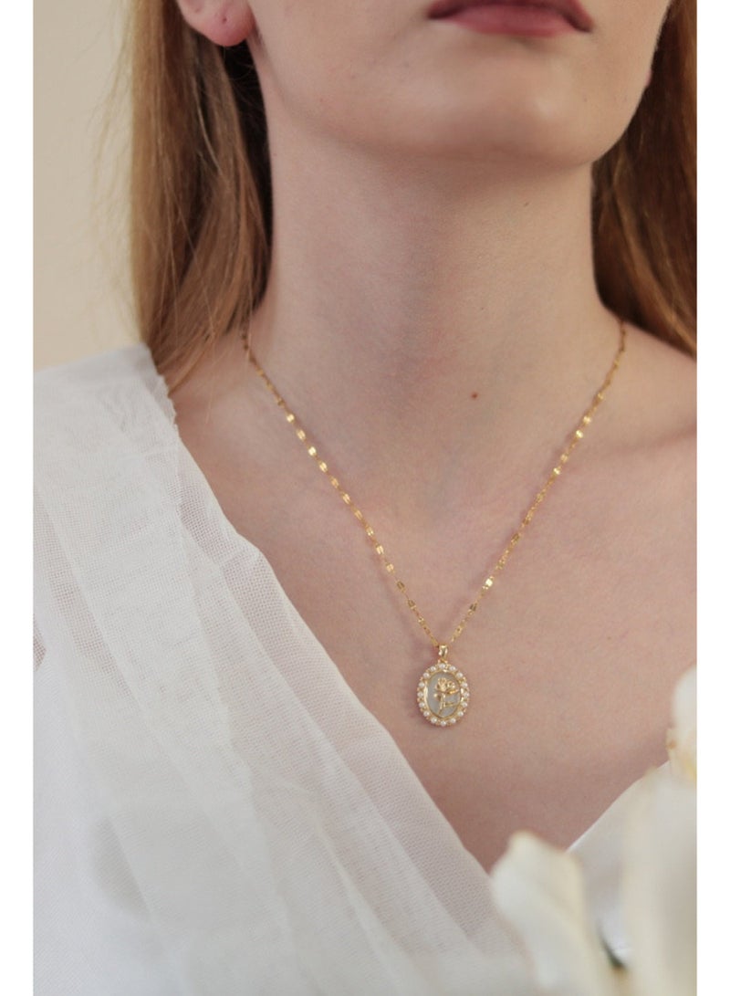 Shein Gold Rose Pendant Necklace with Pearl Halo for Women — 18K Gold Plated Stainless Steel Romantic Oval Charm - Image 3