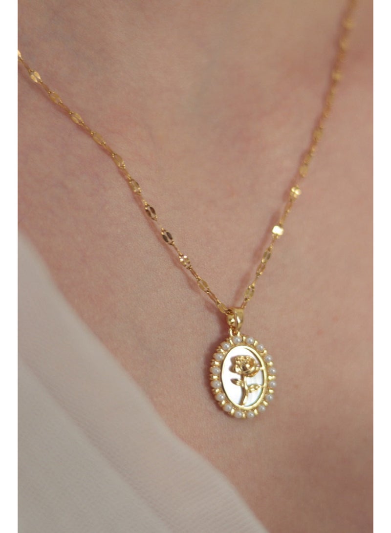 Shein Gold Rose Pendant Necklace with Pearl Halo for Women — 18K Gold Plated Stainless Steel Romantic Oval Charm - Image 2