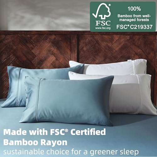 GOKOTTA King Size Sheets Set, FSC Certified Bamboo Rayon Sheets King Size, Soft & Breathable Sheets,16” Deep Pocket King Sheets with Elastic Corner Straps,Moisture Wicking,Double Stitching, Blue - Image 2