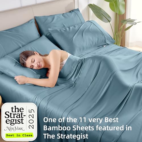 GOKOTTA King Size Sheets Set, FSC Certified Bamboo Rayon Sheets King Size, Soft & Breathable Sheets,16” Deep Pocket King Sheets with Elastic Corner Straps,Moisture Wicking,Double Stitching, Blue - Image 4