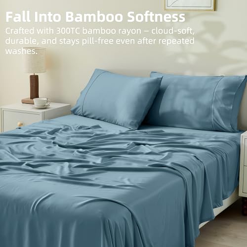 GOKOTTA King Size Sheets Set, FSC Certified Bamboo Rayon Sheets King Size, Soft & Breathable Sheets,16” Deep Pocket King Sheets with Elastic Corner Straps,Moisture Wicking,Double Stitching, Blue - Image 3