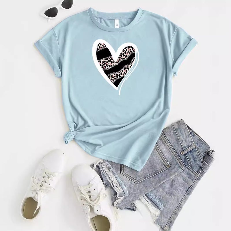 Foreign trade Independent Station Women's top Round Neck Heart-shaped Printed Short-sleeved t-shirt - Image 5
