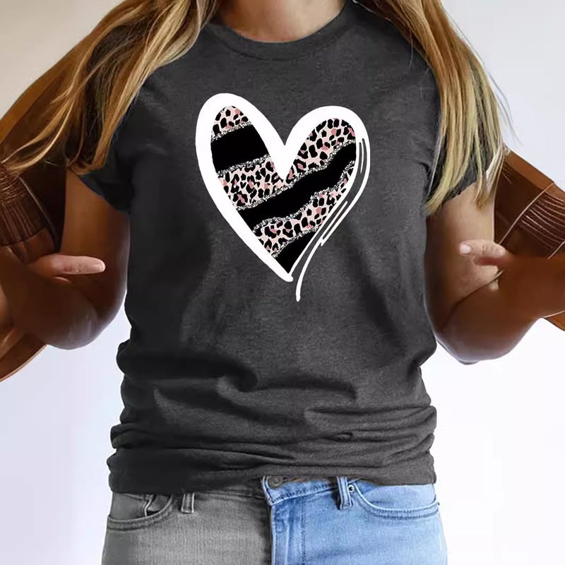 Foreign trade Independent Station Women's top Round Neck Heart-shaped Printed Short-sleeved t-shirt - Image 2