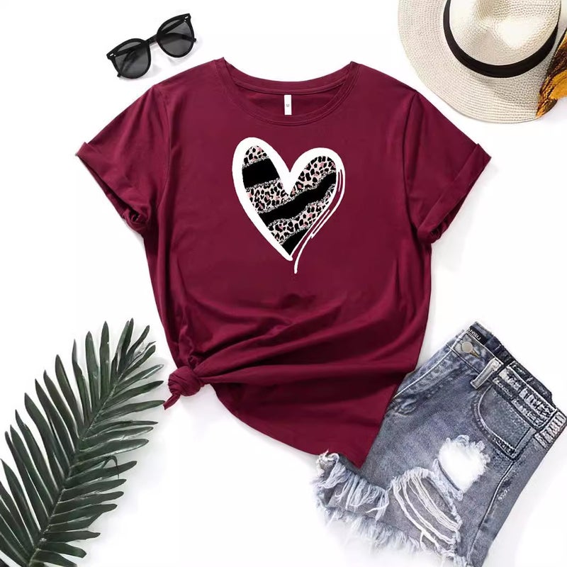 Foreign trade Independent Station Women's top Round Neck Heart-shaped Printed Short-sleeved t-shirt - Image 3