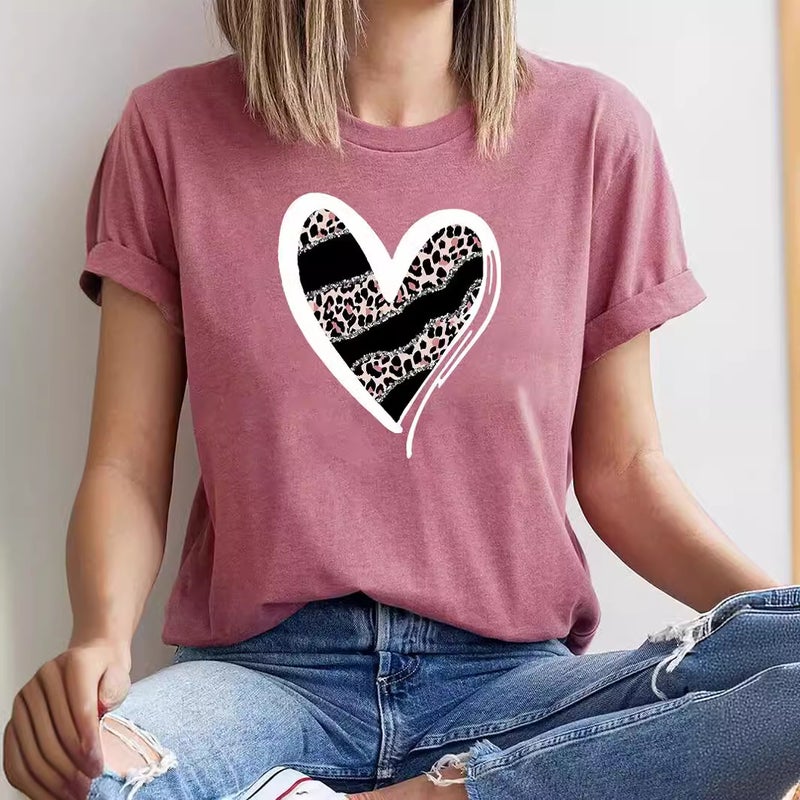 Foreign trade Independent Station Women's top Round Neck Heart-shaped Printed Short-sleeved t-shirt - Image 4