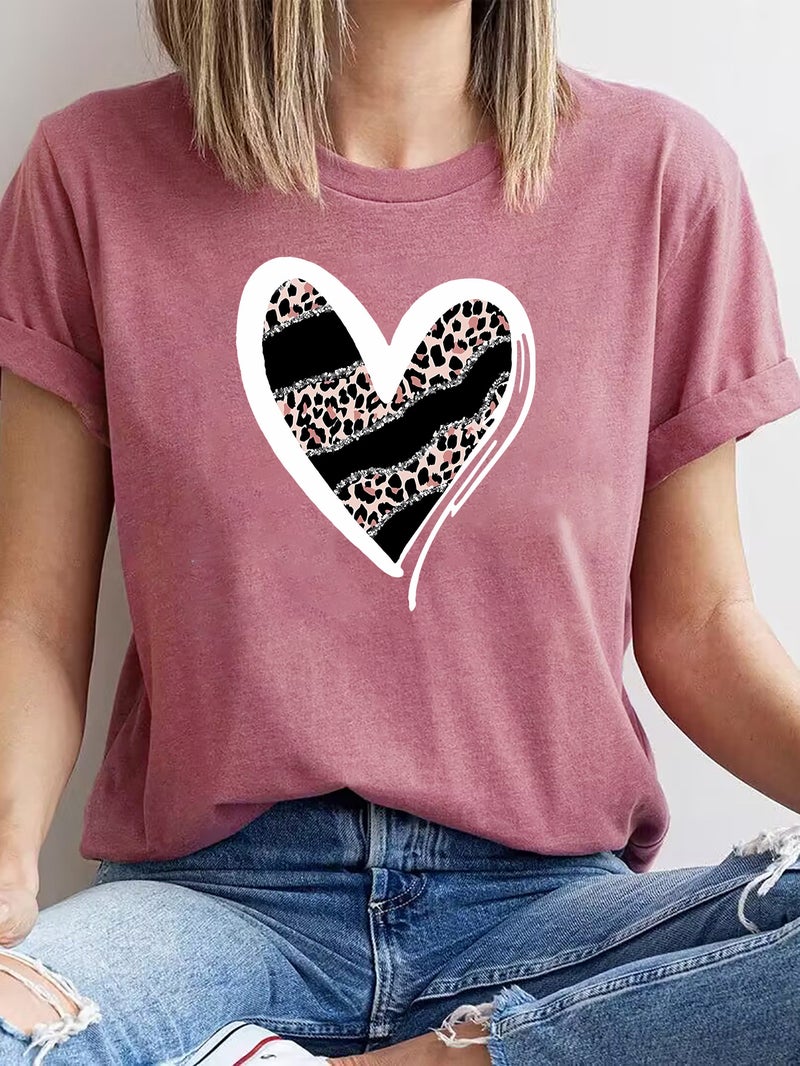 Foreign trade Independent Station Women's top Round Neck Heart-shaped Printed Short-sleeved t-shirt - Image 1