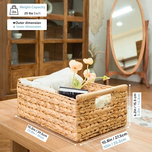 VATIMA Hyacinth Large Wicker Basket 15.5x10.8x6.2" - Rectangular, Wooden Handles, Shelf Organizer - Image 3