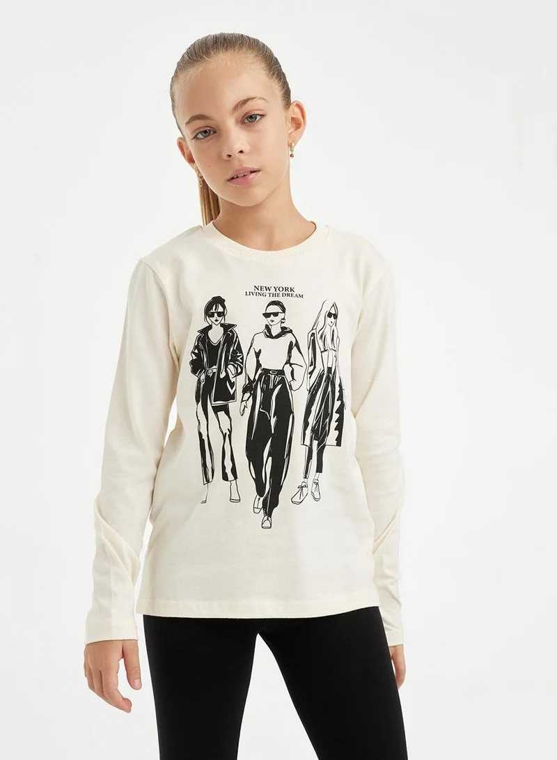 ديفاكتو تيشيرت بأكمام طويلة مطبوع بياقة دائرية بقصة مريحة