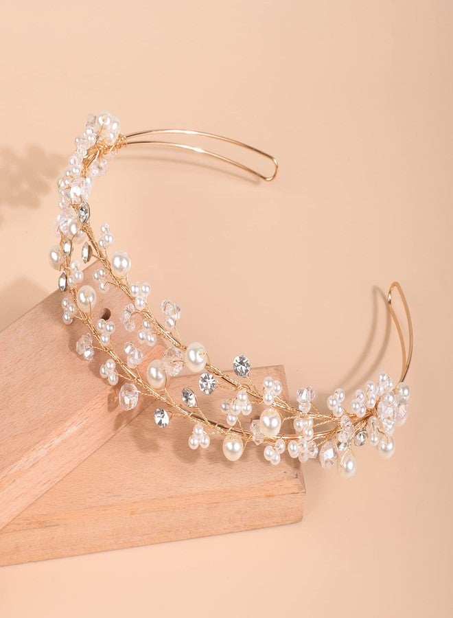 Xerling Golden Crystal Tiara Pearls Rhinestone Headband Layered Hair Band Bride Wedding Floral Hair Accessory Bridal Jewelry - Image 2