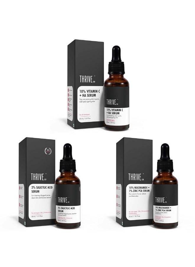 ThriveCo Clear Skin Trio |10% Niacinamide & 1% Zinc PCA Serum(30ml) + 10% Vitamin C & Hyaluronic Acid Serum(30ml) + 2% Salicylic Acid Serum(30ml) |Fades Acne, Dark Spots & Gives Bright Glow - Image 1