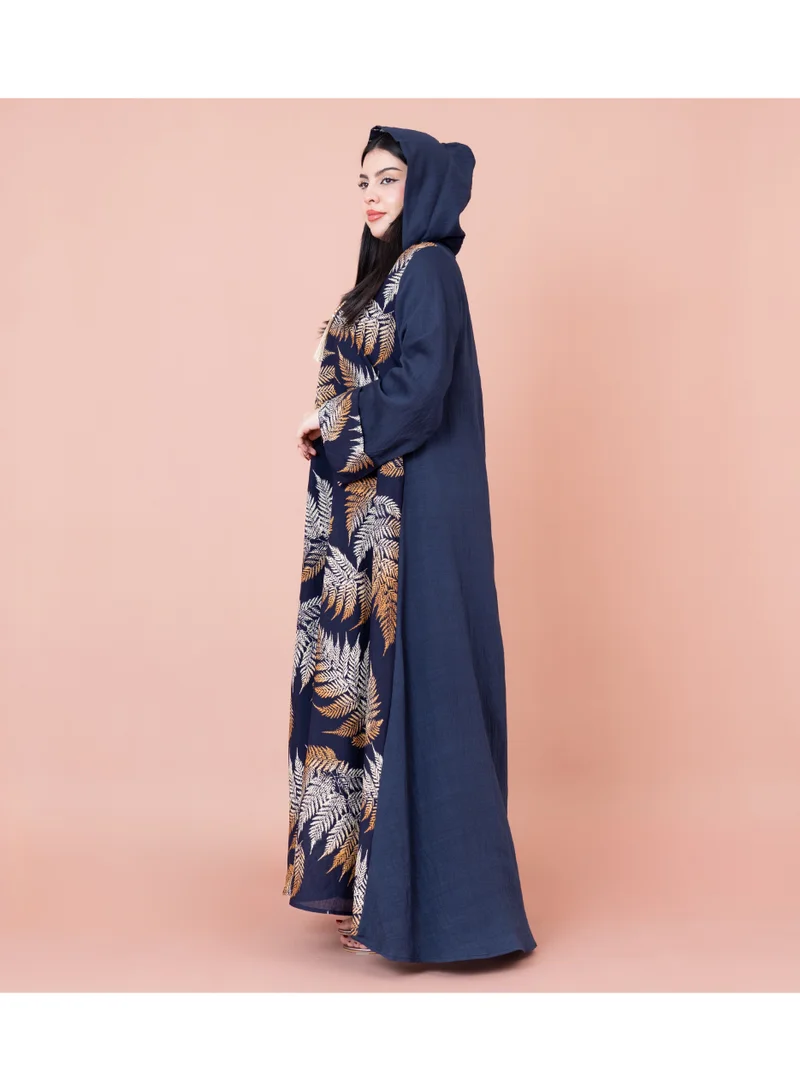 IKKXA Hooded Leaf Print Jalabiya IK1033 Blue