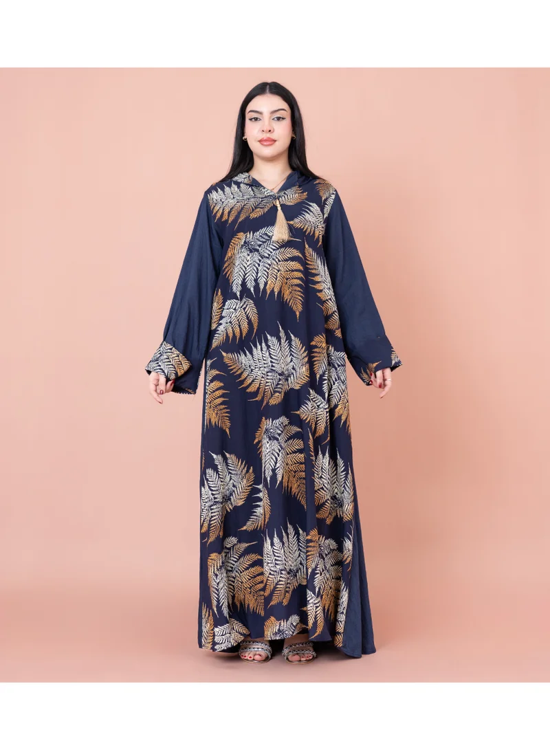 IKKXA Hooded Leaf Print Jalabiya IK1033 Blue