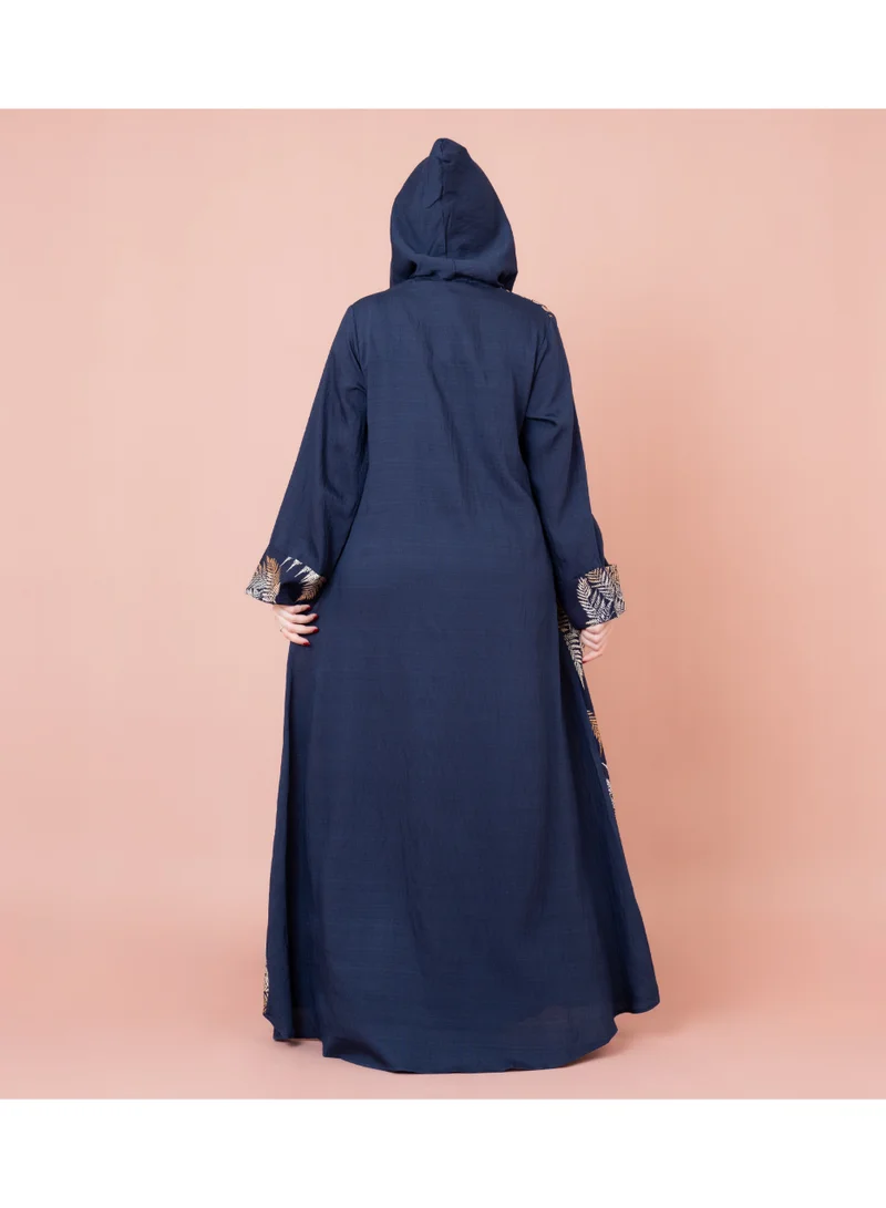 IKKXA Hooded Leaf Print Jalabiya IK1033 Blue