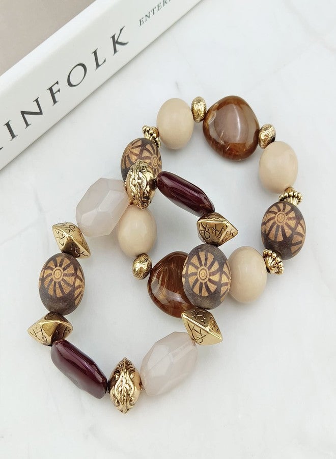 بوكار طقم عقد بوكار ثلاثي الطبقات بتصميم خرزي مميز مع أقراط وسوار، عقد نسائي متعدد الطبقات (NK-10625-Brown+er+br) - Image 4