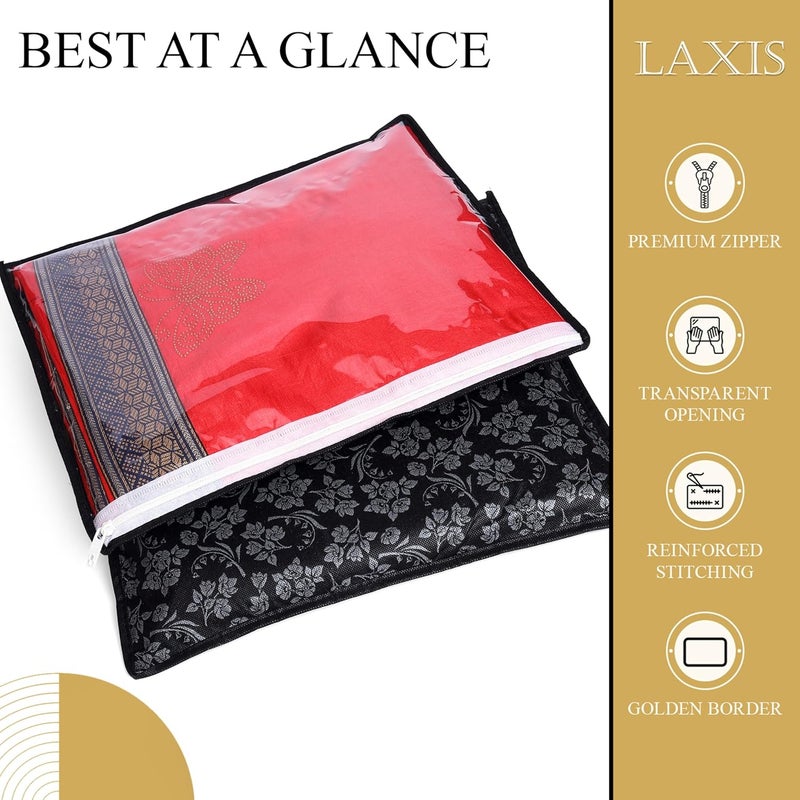 LAXIS ® Non-Woven Printed Single Saree Cover, Saree Bag Pack of 10Pcs, Transparent Saree Covers With Zip, Saree Covers For Storage, Wardrobe Organiser, Size-36x42x2cm (Black) - Image 5
