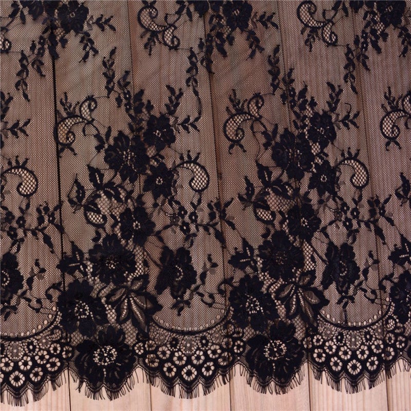 Zthread 3 Yards French Eyelash Lace Fabric Floral Embroidered Lace Fabric for Clothes Wedding Dress Sewing Home Decoration (59" W x 3 Yards, Black) - Image 1