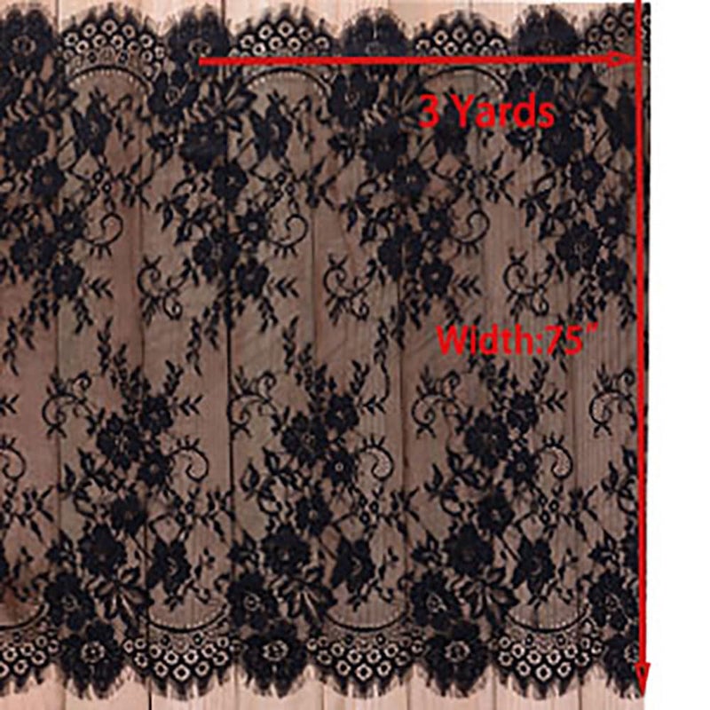 Zthread 3 Yards French Eyelash Lace Fabric Floral Embroidered Lace Fabric for Clothes Wedding Dress Sewing Home Decoration (59" W x 3 Yards, Black) - Image 3